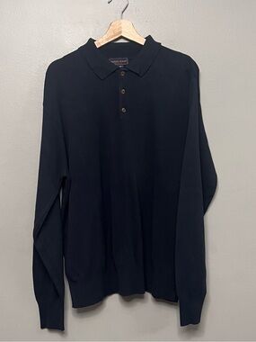 VTG 90s Andrew Rohan Navy Blue Long Sleeve Knit Polo Sweater Collar USA Made LG